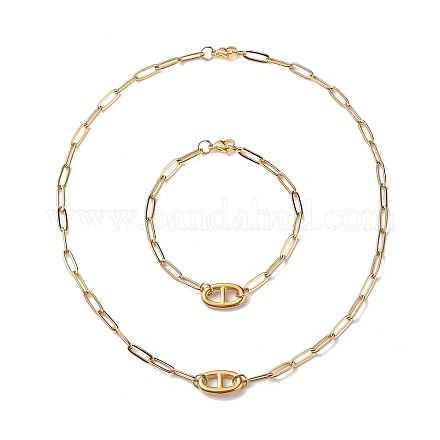 304 pulsera y collar de eslabones ovalados de acero inoxidable con cadenas de clips SJEW-JS01254-1