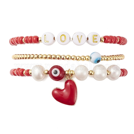 Set di braccialetti elasticizzati con parole in vetro e perle naturali da 3 pz e 3 stili BJEW-TA00319-1