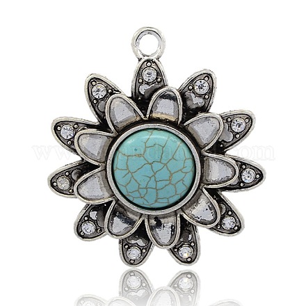 Antique Silver Tone Alloy Synthetic Turquoise Flower Big Pendants PALLOY-J447-01AS-1