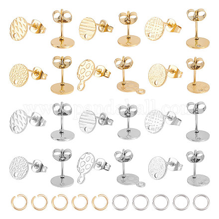 UNICRAFTALE 24 Pcs 2 Colors 6 Styles Stainless Steel Flat Round Stud Earring Findings with Jump Rings Textured Stud Earring Post with Earring Backs Round Earring Stud for DIY Earrings Jewellery Making STAS-UN0050-66-1