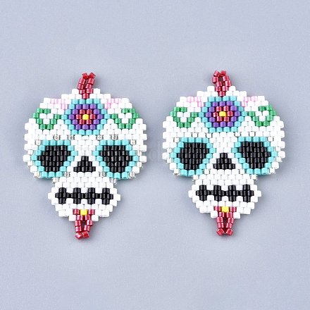 手作りシードビーズリンクコネクター  弾性糸で  織機模様  砂糖の頭蓋骨  メキシコの死者の祝日  カラフル  41x29x1.5mm  穴：2mm SEED-I012-52-1