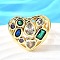 Brass Micro Pave Cubic Zirconia Cuff Rings, Heart, Cadmium Free & Lead Free, Rack Plating, Real 18K Gold Plated, Colorful, 19.5x23mm, Inner Diameter: 16mm