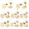 32Pcs 8 Style Ion Plating(IP) 201/304 Stainless Steel Stud Earring Findings, with Flat Plate, Mixed Flat Round, Golden, 10~13.5mm, Hole: 1.2~1.8mm, Pin: 0.7~0.8x12mm, 4pcs/style
