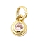 Brass Cubic Zirconia Charms, Flat Round Charms, Cadmium Free & Lead Free, Real 18K Gold Plated, Long-Lasting Plated, Pink, 8x6x2.5mm, Hole: 3mm