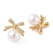 Rack Plating Brass Micro Pave Clear Cubic Zirconia Stud Earrings for Women, with ABS Plastic Pearl, Cadmium Free & Lead Free, Long-Lasting Plated, Bowknot & Round, Real 18K Gold Plated, 16x16mm