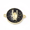 Rack Plating Brass Enamel Connector Charms, Flat Round Links with Gesture Pattern, Long-Lasting Plated, Lead Free & Cadmium Free, Real 18K Gold Plated, with Glitter Powder, Black, 17x22x4mm, Hole: 1.6mm