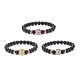 3pcs 3 bracelets extensibles en perles rondes en pierre noire synthétique de couleur sertie de lion en laiton BJEW-JB07864-1