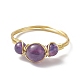 Natural Amethyst Round Braided Beaded Finger Ring RJEW-JR00550-04-4