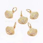 Brass Charms, with Cubic Zirconia, Shell, Clear, Golden, 11x10x2mm, Hole: 3mm