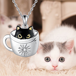 Черная кошка в чашке сплав эмаль кулон ожерелья для женщин&nbsp;FS-WG88A58-01