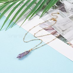 ダブルポインテッドナチュラルアメジストペンダントネックレス  銅線ラップペンダントと304ステンレススチールファインディングネックレス  ゴールドカラー  弾丸  15.94インチ（40.5cm）&nbsp;NJEW-JN03720-02