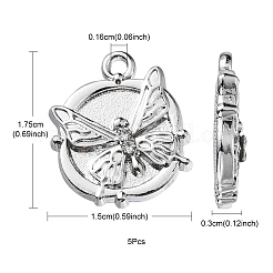 合金クリスタルラインストーンペンダント  バタフライチャーム付きフラットラウンド  プラチナ  17.5x15x3mm  穴：1.6mm&nbsp;FIND-YW0001-89