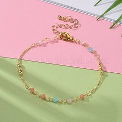 多面カットガラスビーズのブレスレット  真鍮ビーズとカニカン付き  ラウンド  18KGP本金メッキ  ミックスカラー  7-1/4インチ（18.3cm）&nbsp;BJEW-JB05853