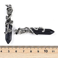 合成ブルーゴールドストーンファセットダブルターミナル尖った大きなペンダント  合金のバラで包まれた六角柱のチャーム  アンティークシルバー  51~53x14x10.5mm  穴：4.5mm&nbsp;G-P547-03AS-14A