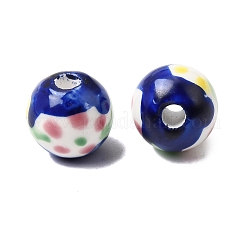 手作りの陶器ビーズ  手描き  花柄ラウンド  ダークブルー  10mm  穴：2~2.5mm&nbsp;PORC-A034-02D