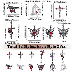 ゴシック合金ラインストーン/アクリル/エナメルペンダントセット24スタイル12個  ミックスカラー  25~47x16~30x4~11mm  穴：1.4~2mm  2個/スタイル&nbsp;FIND-SC0023-29