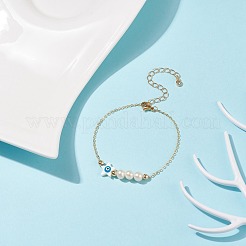 Bracciale a maglie con perla naturale e conchiglia con malocchio e catene in ottone da donna&nbsp;BJEW-JB08329-01