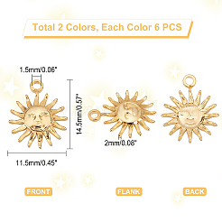 12個2色304ステンレススチールチャーム  テクスチャ  太陽  ゴールデン·ステンレス鋼色  14.5x11.5x2mm  穴：1.5mm  6個/カラー&nbsp;STAS-UN0036-83