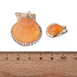 電気メッキされた金色の真鍮の縁取りと天然の貝殻のペンダント  貝殻の形のチャーム  ダークオレンジ  20~34x15~29x3.5~6mm  穴：1.2~1.8mm&nbsp;SSHEL-N042-31