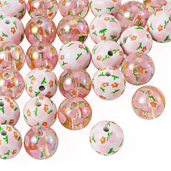 28個 2種類のプリント不透明＆透明アクリルビーズ  花とイチゴの模様の丸型  ミックスカラー  16x15mm  穴：3mm&nbsp;OACR-TA0005-10