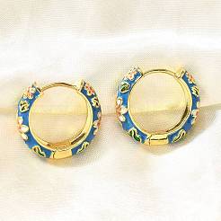 Серьги-кольца с цветочной эмалью из латуни EJEW-R018-06G