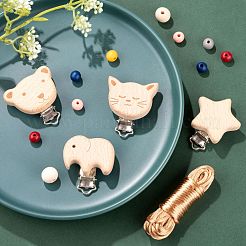 166個6スタイル塗装ラウンドナチュラルラウンドウッドビーズ  スター＆ベア＆エレファント＆キャットヘッドベビーおしゃぶりホルダークリップとナイロンコード付き  DIYニップルクリップ作成用  ミックスカラー  ビーズ：166個/袋&nbsp;WOOD-LS0001-42