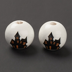 ハロウィンプリントウッドヨーロピアンビーズ  大穴ビーズ  ラウンド  ホワイト  15.5~16x14.5mm  穴：4mm&nbsp;WOOD-K008-05