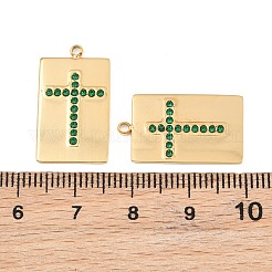 304ステンレススチールラインストーンペンダント  十字模様のチャーム付き長方形  イオンプレーティング（ip）  18KGP本金メッキ  エメラルド  22x13x1.5mm  穴：1.5mm&nbsp;RB-CBADC81-13G-03