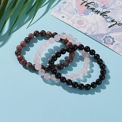 天然ローズクォーツ＆ロードナイト＆黒瑪瑙（染め）ビーズストレッチブレスレットセット  ラウンド  内径：2-1/4インチ（5.7cm）  ビーズ：8.5mm  3個/セット&nbsp;BJEW-JB05878