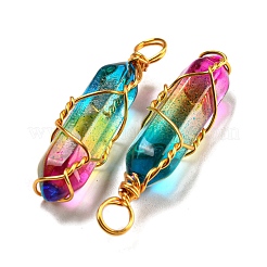ガラスのペンダント  金色の真鍮ワイヤー金具付き  弾丸チャーム  カラフル  41~43x8.5~10x10mm  穴：5mm&nbsp;GLAA-H029-06G-09