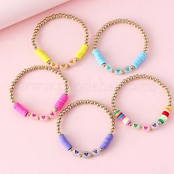 Set di 5 braccialetti elastici heishi con cuore acrilico luminoso e plastica e argilla polimerica&nbsp;HEAR-PW0001-123G