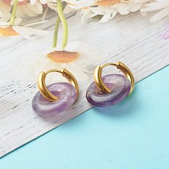手作りの天然アメジストダングルフープピアス  304ステンレススチール製フープ付き  オーバル  27mm  ピン：1mm&nbsp;EJEW-JE04577-04