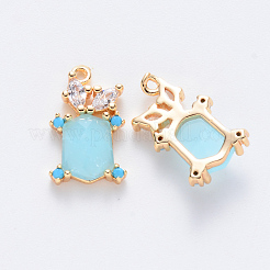 ブラスキュービックジルコニア＆グラスチャーム  ニッケルフリー  カメ  18KGP本金メッキ  ライトシアン  14.5x9x4mm  穴：1mm&nbsp;KK-T049-058G-02-NF