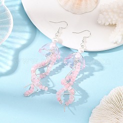 304ステンレススチールとガラス製のぶら下がりピアス  クラゲ  染色された天然マレーシアジェイドと貝殻真珠のドロップピアス（女性用）  ミックスカラー  90x23mm&nbsp;EJEW-JE07484