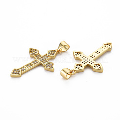 真鍮製マイクロパヴェキュービックジルコニアペンダント  ニッケルフリー  クロス  16KGP本金メッキ  30x19x2mm  穴：3x5mm&nbsp;KK-Q252-084-NF