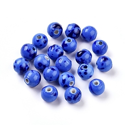 Handmade Fancy Antique Glazed Porcelain Beads, Round, Blue, 11mm, Hole: 2mm