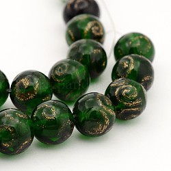 Handmade Gold Sand Lampwork Round Beads Strands, Dark Green, 10mm, Hole: 1mm, about 34pcs/strand, 12.5inch