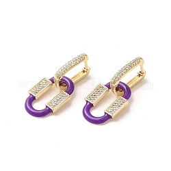 Boucles d'oreilles créoles ovales en laiton plaqué or véritable 18 carat, avec la zircone cubique et émail, violet, 32.5x15mm