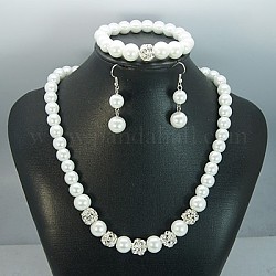 Glass Pearl Jewelry Sets: Earrings, Necklaces and Stretchy Bracelets, with Brass Rhinestone Beads, Brass Spring Ring Clasps and Earring Hooks, White, Earrings: 50mm, Bracelets: 55mm, Necklaces: 19 inch