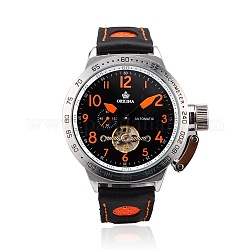 Orologio da polso in pelle in acciaio inossidabile, orologi meccanici, nero e arancio, 265x20~24mm, testa di orologio da polso:52x60x15mm