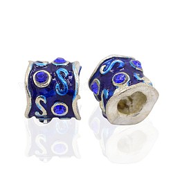 Silver Color Plated Alloy Enamel European Beads, Large Hole Column Beads, with Sapphire Rhinestone, 9x9mm, Hole: 5mm