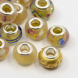Handmade Gold Foil European Glass Beads, with Brass Double Cores, Rondelle, Large Hole Beads, Silver, Mixed Color, 13x9mm, Hole: 5mm
