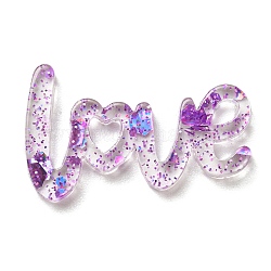 Cabochons en acrylique transparent, avec paillette, mot d'amour, violet, 14.5x24x2mm