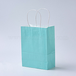 Sacs en papier kraft de couleur pure, sacs-cadeaux, sacs à provisions, avec poignées en ficelle de papier, rectangle, cyan, 15x11x6 cm