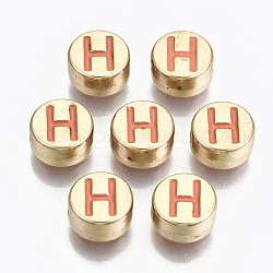 Legierung Emaille-Perlen, cadmiumfrei und bleifrei, flach rund mit Anfangsbuchstaben, Licht Gold, Licht Lachs, letter.h, 8x4 mm, Bohrung: 1.5 mm