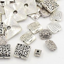 Mixed Style Antique Silver Square Tibetan Style Alloy Beads, 10~22x10~22x2~7mm, Hole: 1~5.5mm