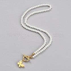 Colliers avec pendentifs en 304 acier inoxydable, avec perles rondes en acrylique imitation perle et strass, papillon, blanc, or, 18.03 pouce (45.8 cm)