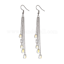 304 Stainless Steel Chains Tassel Earrings, Glass Teardrop Dangle Earrings, Stainless Steel Color, 100mm