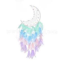 Tela/red tejida de hierro con adornos colgantes de plumas, con cuentas de plástico y tela, luna, colorido, 547mm