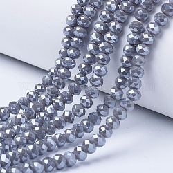 Abalorios de vidrio electroplate hebras, lustre de la perla chapado, facetados, rerondana plana, gris, 3.5x3mm, agujero: 0.4 mm, aproximamente 123~127 pcs / cadena, 13.7~14.1 pulgada (35~36 cm)